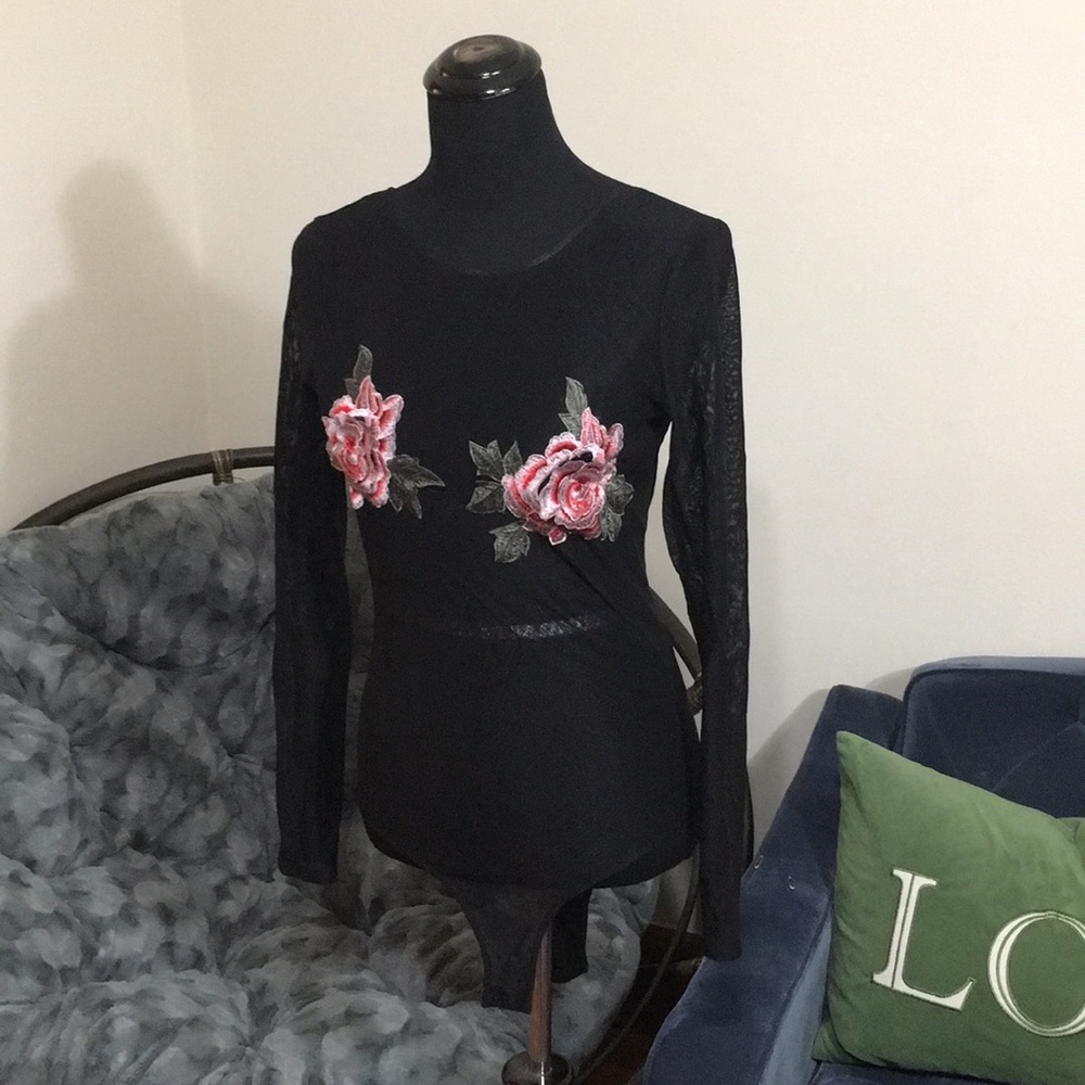 rose embroidered sheer black Bodysuit